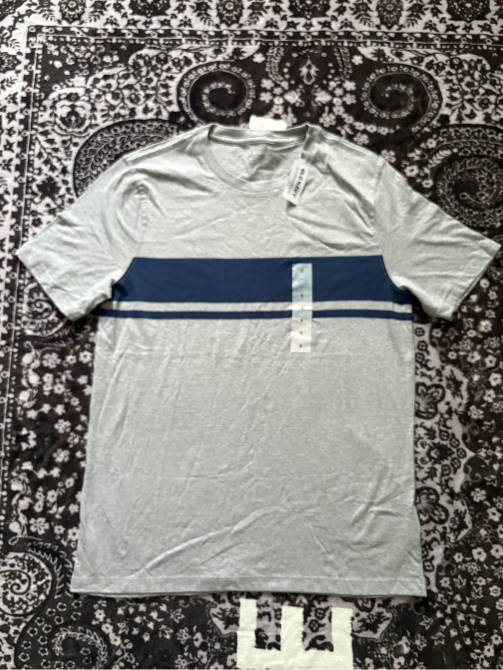 Old Navy Gray T-Shirt with Navy Chest Stripe